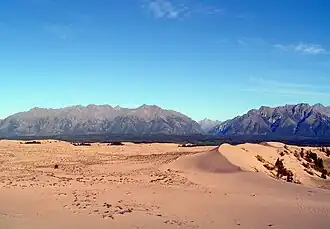 The Kodar mountain range with the Chara Sands in the foreground near Novaya Chara