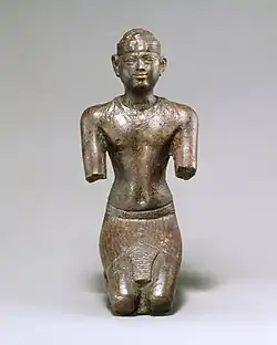 Ancient Egyptian statuette of a Kushite pharaoh; 713–664 BCE; bronze, precious-metal leaf; height: 7.6&nbsp;cm, width: 3.2&nbsp;cm, depth: 3.6&nbsp;cm; Metropolitan Museum of Art