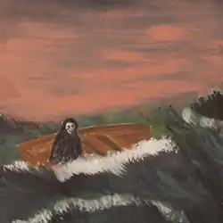 A painting of a humanoid figure with a white face sat in a small wooden boat, facing a large wave.