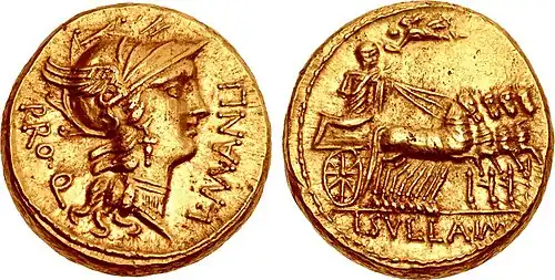 Issue minted by Sulla, 82 BC. The obverse depicts Roma.
