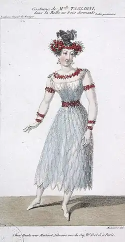 coloured drawing of costume design showing young white woman in loose silver-coloured skirt and red and white decorated top, with red hat
