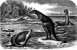Schools of fish mill around a large sea creature; the animal's long neck twists around itself. Its arrow-shaped head is lined with needle-like teeth that grasp a fish. Its body has four small flippers, which lead back to a shorter tail.
