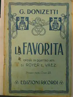 The cover of a souvenir libretto from the opera La favorita, featuring age-related spots and browning. The names of the composer and librettists, the title of the opera, and the price of the libretto (25 Chilean centavos).