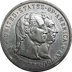 The 1899 Lafayette silver dollar, designed by Charles E. Barber, honors Lafayette and George Washington