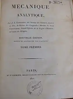 Title page of volume I of Lagrange's "Mécanique Analytique" (1811)