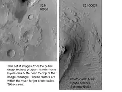 Layers in an old crater in Arabia, as seen by MGS, under the MOC Public Targeting Program. Layers may form from volcanoes, the wind, or by deposition under water. The craters on the left are pedestal craters.