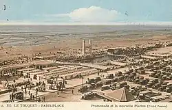 Postcard showing a swimming pool, a diving tower and its vicinity