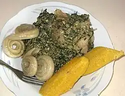 Ndolè with miondo and boiled plantains