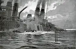 The sinking of the French battleship-cruiser Léon Gambetta on 27 April 1915, after a painting by Kircher