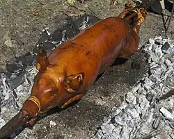 Cebu Lechon is one of the two types of lechon in the Philippines. It is served primarily around the Metro Cebu Area, particularly Talisay City, but is served throughout the island and other parts of the Visayas.