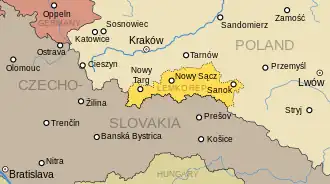The approximate extent of the territory whose southern parts were claimed by the Lemko Republic (yellow).