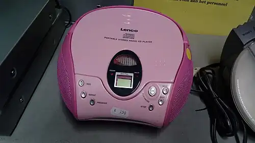 Lenco-branded radio and CD player boombox in pink