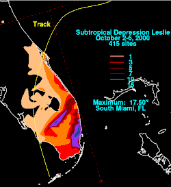 In southern Florida, Subtropical Depression Leslie rained the most in the southeast and in an area equidistant from the coasts.