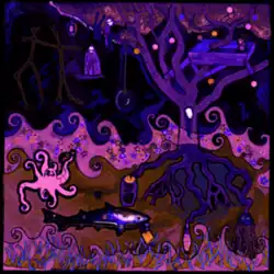 A cartoonish drawing of a dark purple forest with one tall tree in the middle of a small clearing.