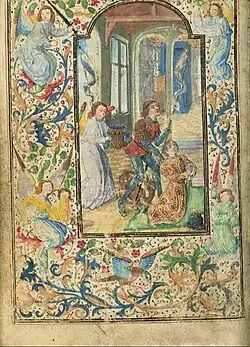 Charles wears a cloth of gold and Saint George stands behind him, wearing an armour