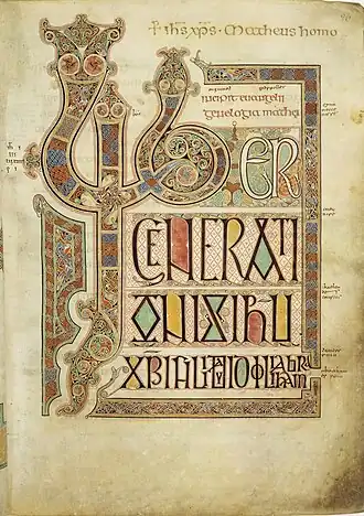 Folio 27r from the Lindisfarne Gospels ( 700) contains the incipit from the Gospel of Matthew.