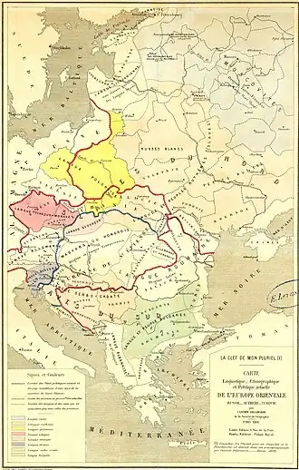 "ruthenian languages and people" mentioned in the linguistic and political map of Eastern Europe by Casimir Delamarre (1868)