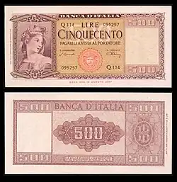 500&nbsp;lire – obverse and reverse – printed in 1947