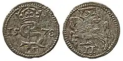 Double-Denar of the Duchy of Courland and Semigallia with monogram of Stephen Báthory, coat of arms of Gotthard Kettler, and Vytis (Waykimas), 1578