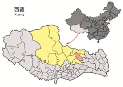 Location of Biru County (red) within Nagqu City (yellow) and the Tibet Autonomous Region