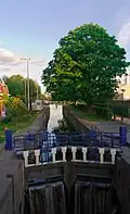 Lock on the Ourthe canal that runs parallel to the lower part of the river, Liège