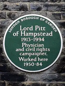 London Borough of Camden green plaque at 200 North Gower Street, Euston, commemorating David Pitt, Baron Pitt of Hampstead