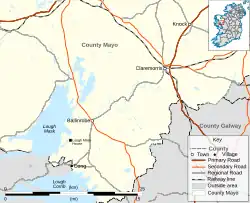 Map of the Lough Mask area of County Mayo, showing the location of Lough Mask House. The house is 6 kilometres (3.7 mi) southwest of Ballinrobe, and 6 km north of Cong; Claremorris is a further 22 kilometres (14 mi) north-east of Ballinrobe.
