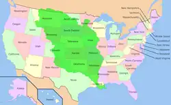 A map of the U.S. with a large green area in the middle