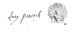 Lucy Peacock's signature from a signed copy of The Adventures of the Six Princesses of Babylon