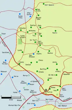 Palestinian villages depopulated in the area around Lydda and Ramla (coloured in green)