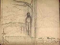 Drawing of Arthur Jordan hanging from a tree following being lynched, drawn by Dr. Gustavus R.B. Horner. Arthur Jordan's name appears on the lower right-hand side.[1]