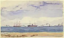Painting of ships and the beach in Port Melbourne, Victoria
