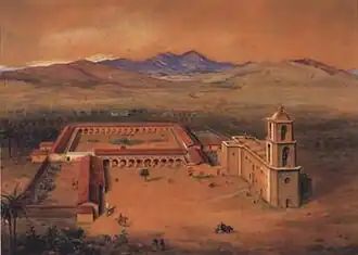 An 1894 painting by Frederick Behre features a wildly improbable steeple over the entrance of San Juan Capistrano's "Great Stone Church" (it was incorrectly believed to portray the way the church looked before the 1812 earthquake; archaeological excavations in 1938 revealed that the steeple placement as shown in the painting was impossible).[99] The landscape in the background of this painting was later modified by John Gutzon Borglum.[135] Watercolor and gouache.