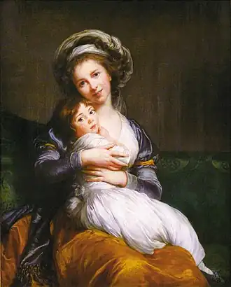 In her Self-portrait with her daughter Julie (1786), Élisabeth Vigée Le Brun painted herself smiling. When it was exhibited at the Salon of 1787, the court gossip-sheet Mémoires secrets commented: "An affectation which artists, art-lovers and persons of taste have been united in condemning, and which finds no precedent among the Ancients, is that in smiling, Vigée LeBrun shows her teeth."