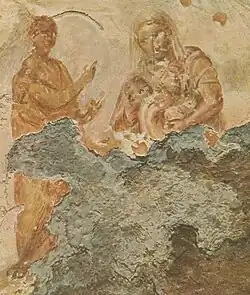 Mary nursing the Infant Jesus. Early image from the Catacomb of Priscilla, Rome, c. 2nd century