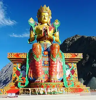 110&nbsp;ft (35 metre) Maitreya Buddha facing down the Shyok River, Nubra Valley near Diskit Monastery