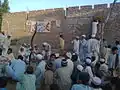 The traditional archery sport of Pathans called Makha. Target is being prepared.