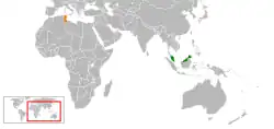Map indicating locations of Malaysia and Tunisia
