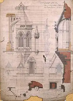 Working drawing for a Gothic oriel window on Manchester Town Hall c.1868, located on the first floor on the corner of Princess Street and Albert Square, it lights the Banqueting Room, judging by the damage this was almost certainly used on the building site