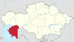 Map of Kazakhstan, location of Mangystau Region highlighted
