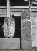 Māori wood carvings at Te Whai-a-te-Motu, Mātaatua marae