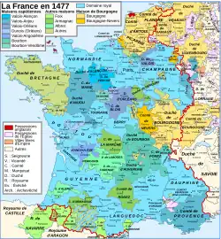 Map of France in 1477, Nevers is labelled as Comté de NEVERS.