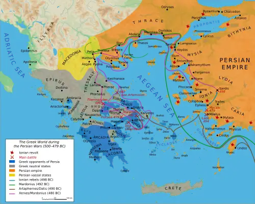 A map centered on modern day Greece, Bulgaria and Western Turkey showing the territories of the Achaemenid Empire and the Greek city states.