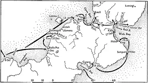 Black and white map showing the operations of Australian forces in New Britain described in the article