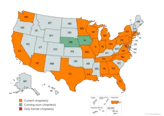 A multicolored map of chapter locations by state in the United States