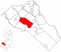 Location of Harrison Township in Gloucester County highlighted in red (right). Inset map: Location of Gloucester County in New Jersey highlighted in red (left).