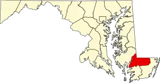 Map of Maryland highlighting Wicomico County