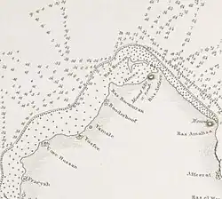 Abu Dhalouf as Boodeshoof in an 1824 map of the Qatar Peninsula based upon Brucks' research.