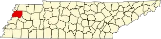 Map of Tennessee highlighting Dyer County