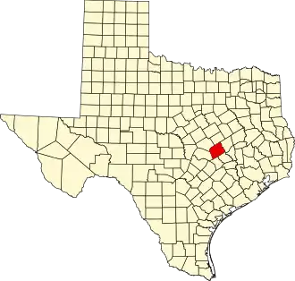 Map of Texas highlighting Milam County